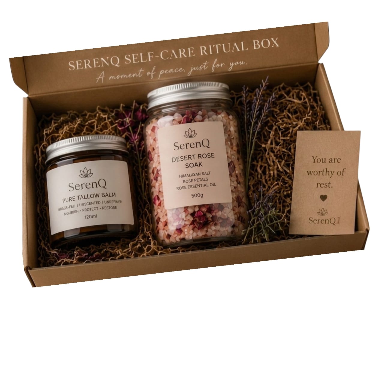 SerenQ Self-Care Ritual Box — Pure Tallow Balm & Desert Rose Soak