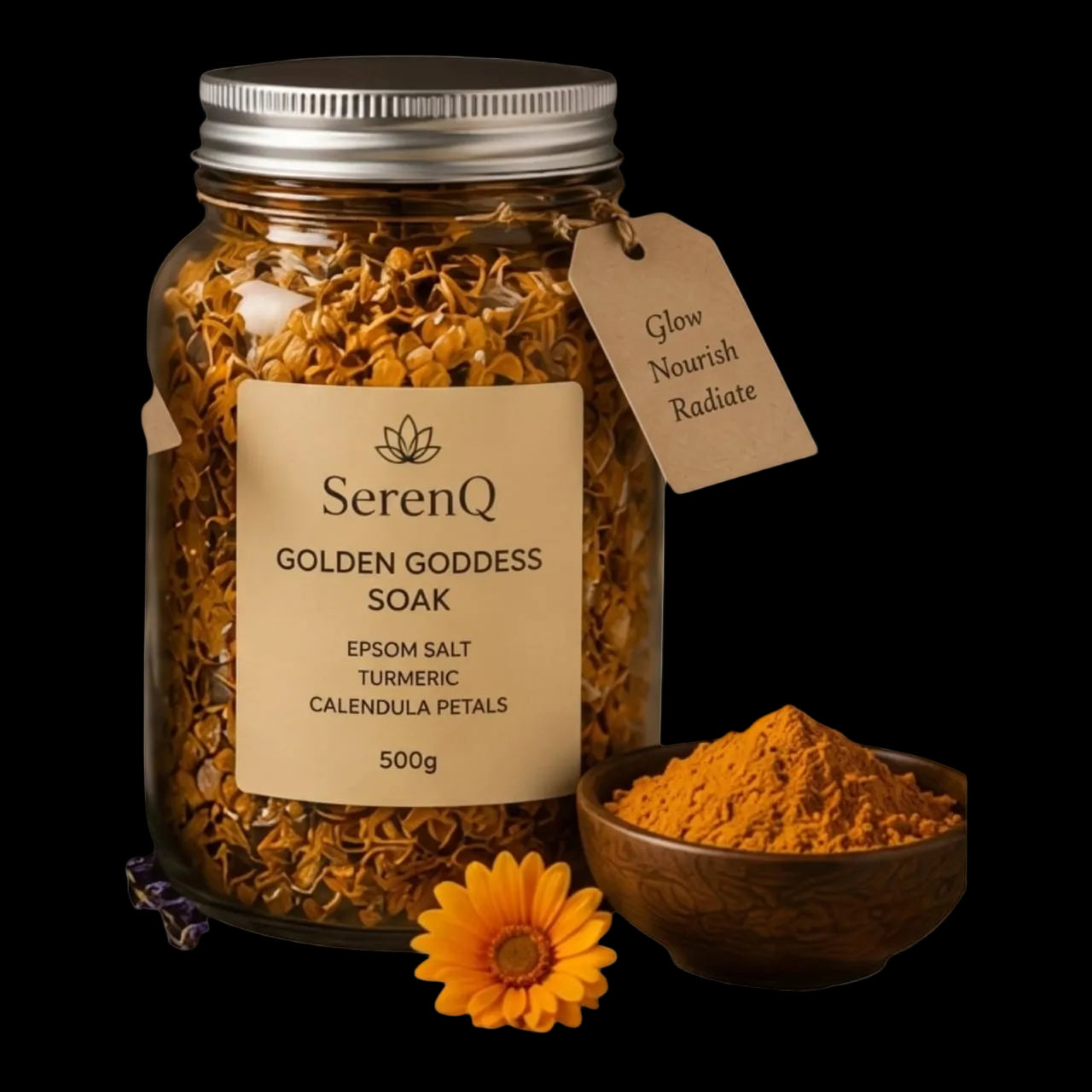 SerenQ Golden Goddess Soak jar with a bowl of powder and a flower on a white background