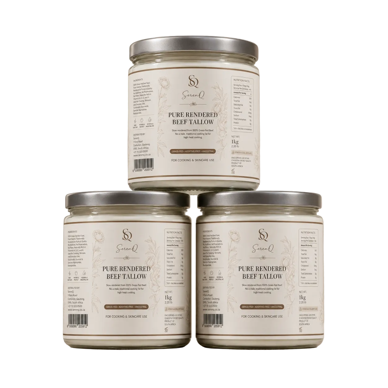 Three glass jars of Sirio-Q Pure Rendered Beef Tallow candles arranged in a pyramid stack on a beige surface with soft leaf shadows. The jars have cream-colored labels with brown text and silver metal lids.