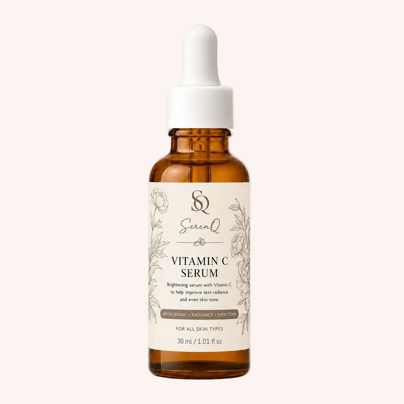 SerenQ Vitamin C Face Serum 30ml amber dropper bottle with botanical label