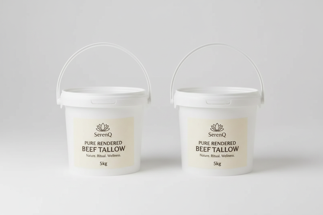 Two SerenQ Pure Rendered Beef Tallow 5kg pails side by side