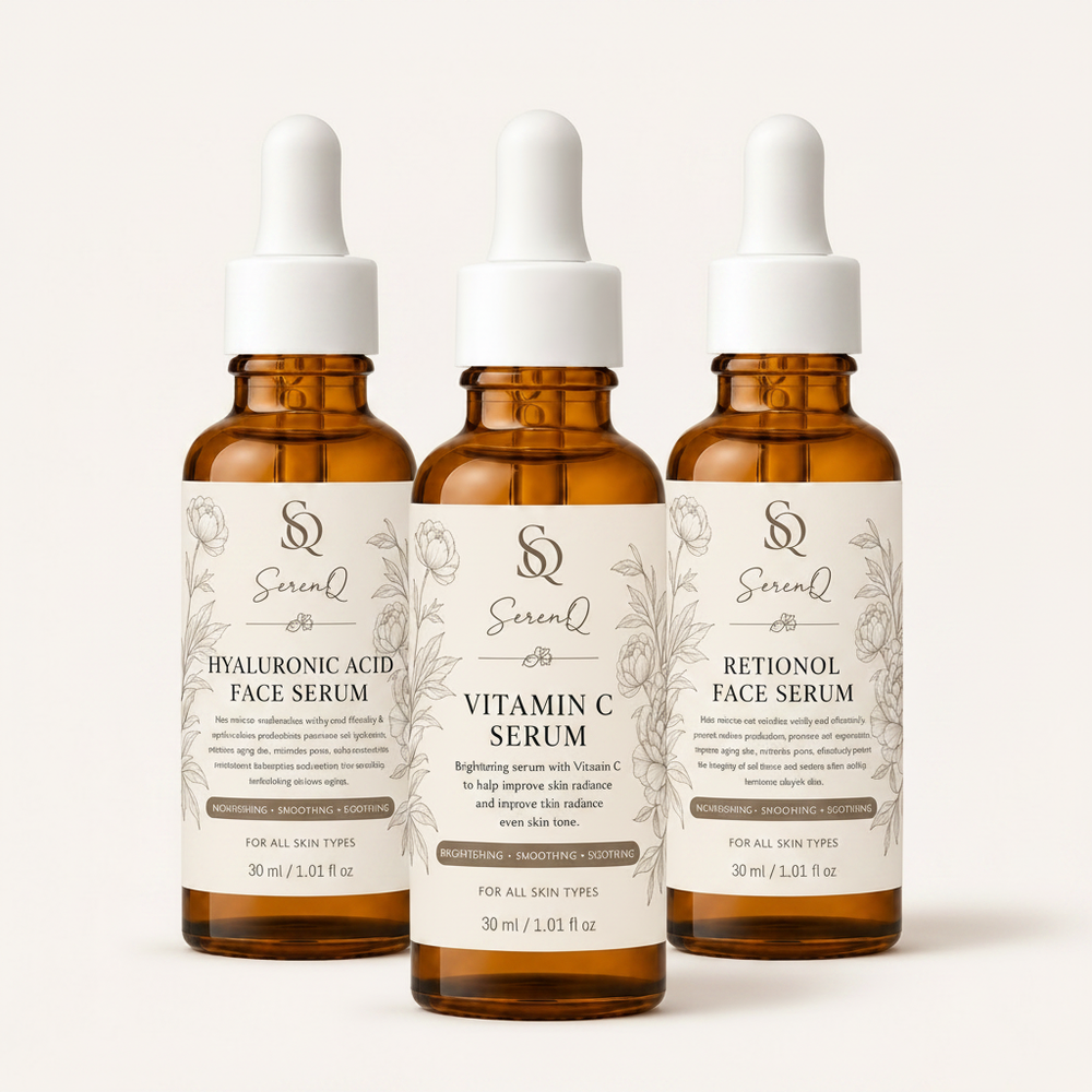SerenQ Complete Glow Serum Trio — Hyaluronic Acid, Vitamin C & Retinol Face Serums 3 x 30ml