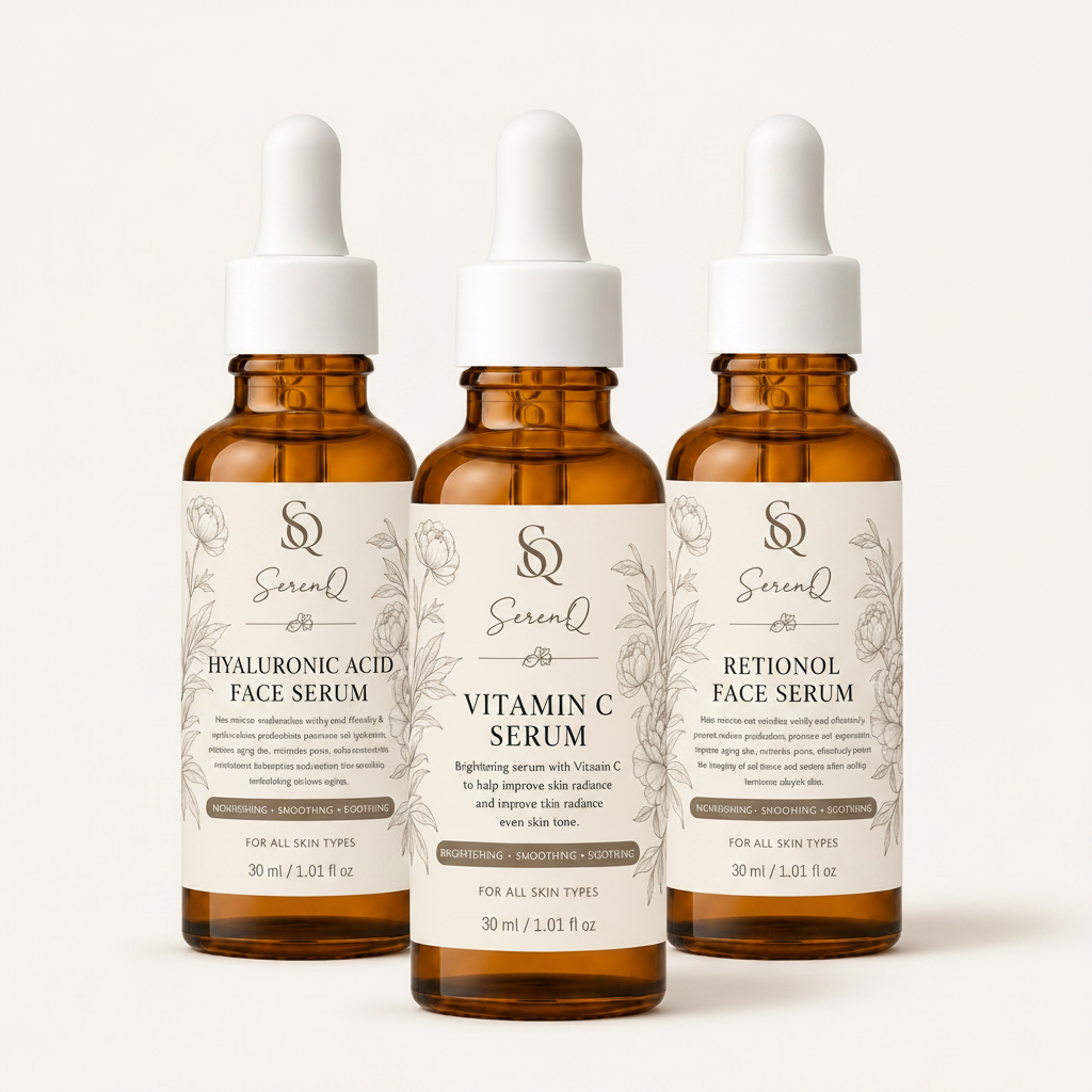 SerenQ Complete Glow Serum Trio — Hyaluronic Acid, Vitamin C & Retinol Face Serums 3 x 30ml